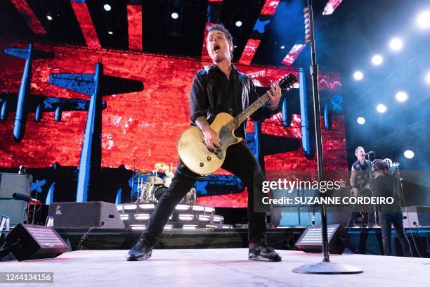 Billie Joe Armstrong of US rock band Green Day performs during the Formula One United States Grand Prix weekend, at the Circuit of the Americas in...