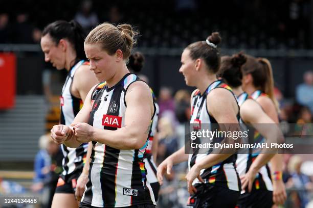 Jaimee Lambert of the Magpies leaves the field during the 2022 S7 AFLW Round 09 match between the Collingwood Magpies and the North Melbourne...