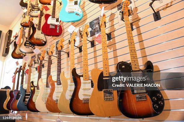 Some of the guitars from Fender's newly released American Vintage II series are displayed at Truetone Music Store in Santa Monica, California, on...