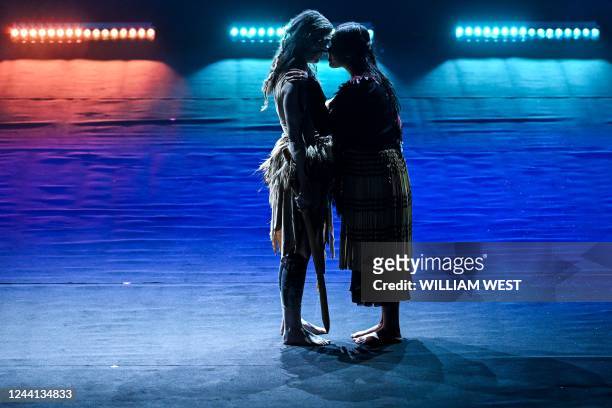Dancers perform a traditional Maori 'Hongi' greeting take part in the opening of the football draw ceremony for the Australia and New Zealand 2023...