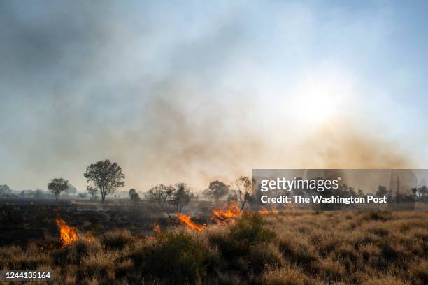 Controlled bush fire burns along a highway near Kings Canyon on August 17, 2022 in Alatjuta, Australia. Bush fires are common across the Outback,...