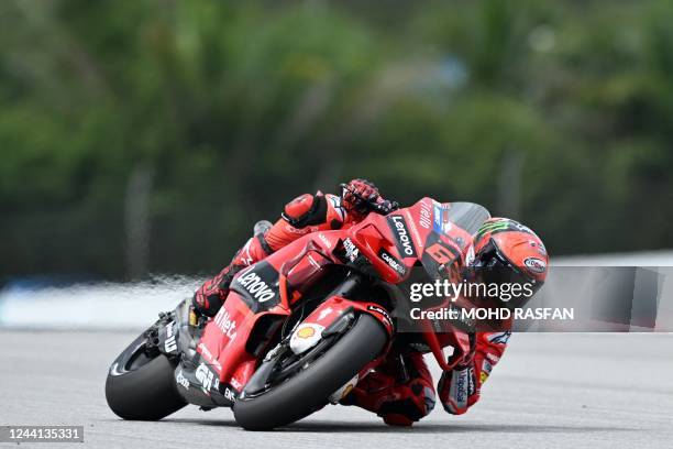 Ducati Lenovo's Italian rider Francesco Bagnaia speeds during the first MotoGP qualifying session at the Sepang International Circuit in Sepang on...