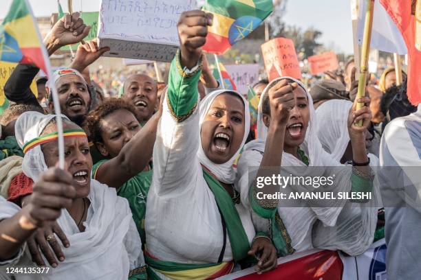 People gather in Addis Ababa, Ethiopia, on October 22, 2022 during a demonstration in support of Ethiopia armed forces. - Tigray's rebel authorities...