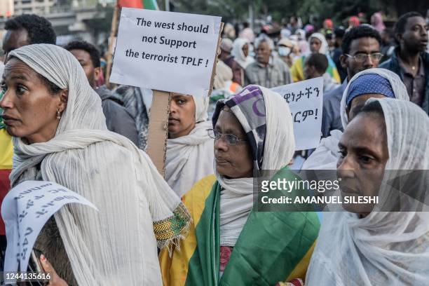 People gather in Addis Ababa, Ethiopia, on October 22, 2022 during a demonstration in support of Ethiopia armed forces. - Tigray's rebel authorities...
