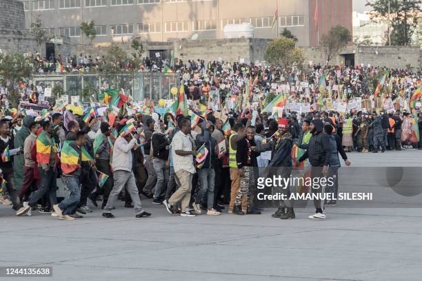 People gather in Addis Ababa, Ethiopia, on October 22, 2022 during a demonstration in support of Ethiopia armed forces. - Tigray's rebel authorities...