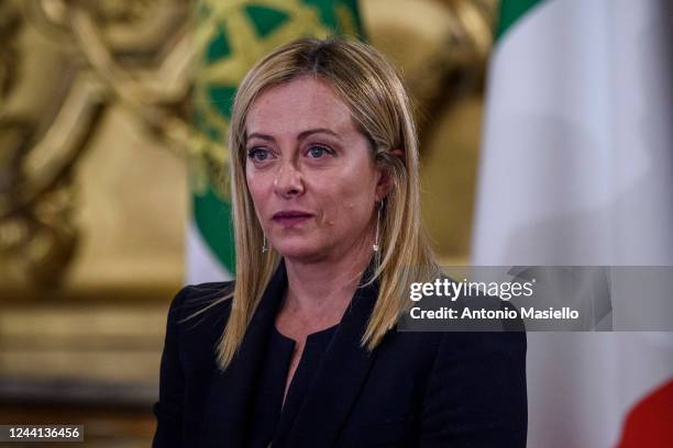 Italian Prime Minister Giorgia Meloni attends the swearing-in ceremony at the Quirinal palace on October 22, 2022 in Rome, Italy. Far-right...