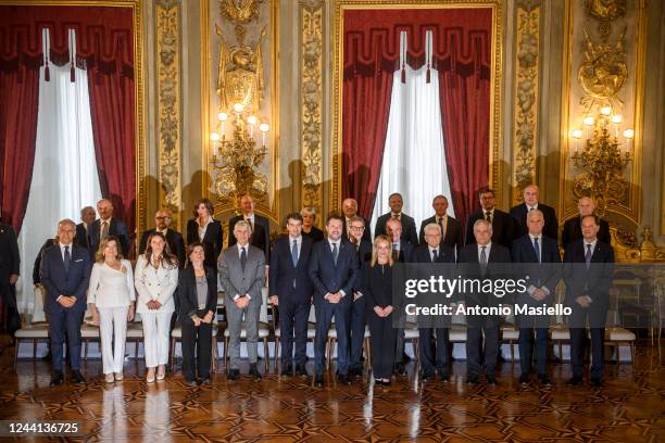 Italian President Sergio Mattarella and Italian Prime Minister Giorgia Meloni pose for a group photo with the 24 members of Italy's new government,...