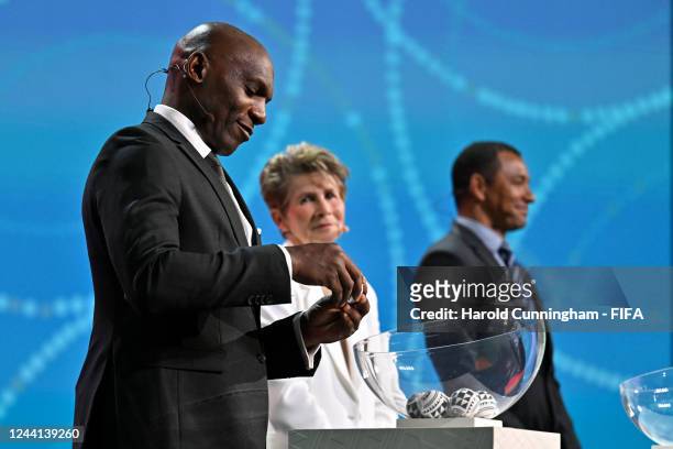 Draw Assistant Geremi Njitap during the FIFA Women's World Cup 2023 Final Draw at the Aotea Centre on October 22, 2022 in Auckland, New Zealand.