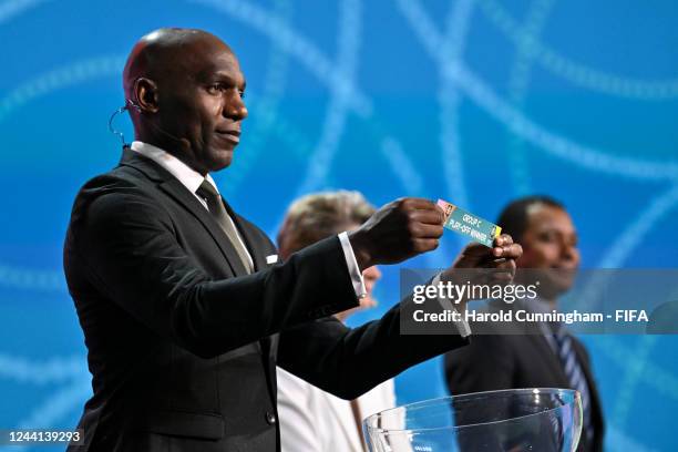 Draw Assistant Geremi Njitap draws Group C Playoff Winner during the FIFA Women's World Cup 2023 Final Draw at the Aotea Centre on October 22, 2022...