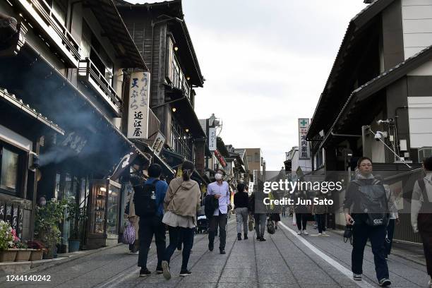 General view of the old street to the Naritasan Shinsho-ji Temple during the opening reception of WAQOO Naritasan Monzen on October 22, 2022 in...