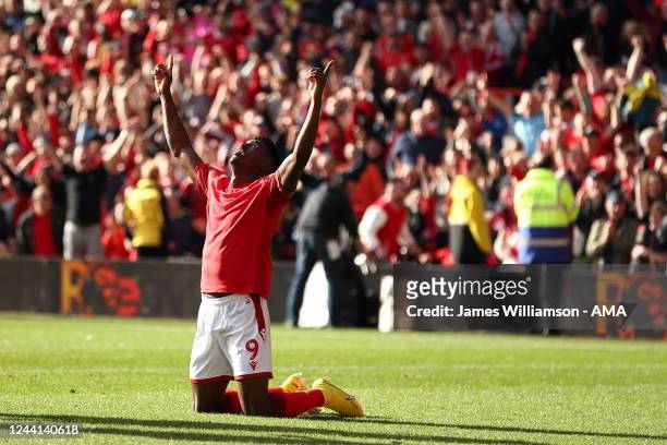 Taiwo Awoniyi of Nottingham Forest celebrates after scoring a goal to make it 1-0 during the Premier League match between Nottingham Forest and...