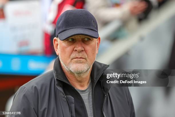 Joerg Schmadtke of VfL Wolfsburg looks on during the Bundesliga match between Bayer 04 Leverkusen and VfL Wolfsburg at BayArena on October 22, 2022...