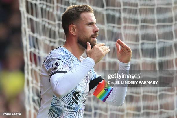 Liverpool's English midfielder Jordan Henderson reacts to a missed chance during the English Premier League football match between Nottingham Forest...