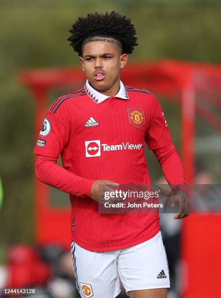 Shola Shoretire of Manchester United in action during the Premier League 2 match between Manchester United U21 and Wolverhampton Wanderers U21 at...