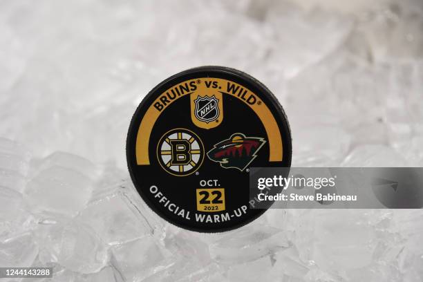 Official warm up puck of the Boston Bruins against the Minnesota Wild at the TD Garden on October 22, 2022 in Boston, Massachusetts.