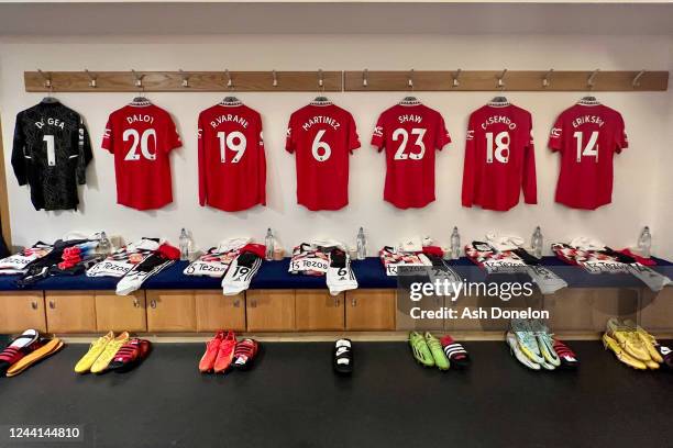 General View of Manchester United kit in the away dressing room prior to the Premier League match between Chelsea FC and Manchester United at...