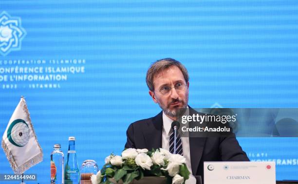 Turkiye's Communications Director Fahrettin Altun makes a speech during a press conference within the 12th Conference of Information Ministers of the...