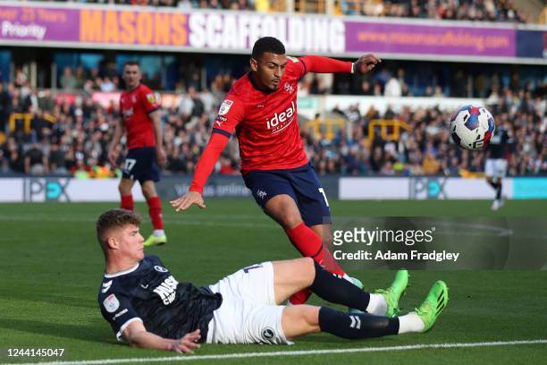 Karlan Grant of West Bromwich Albion and Charlie Cresswell of Millwall during the Sky Bet Championship between Millwall and West Bromwich Albion at...