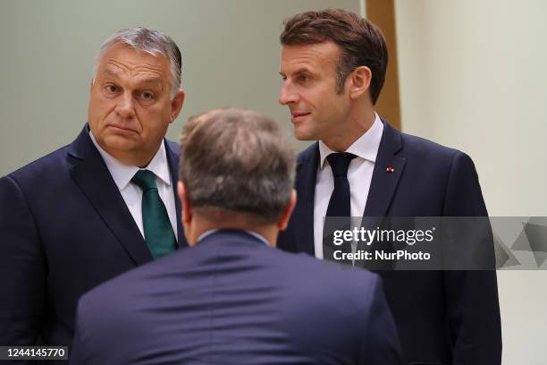 President of the Republic of France Emmanuel Macron next to the Prime Minister of Hungary Viktor Orbán at the European Council during the second day...