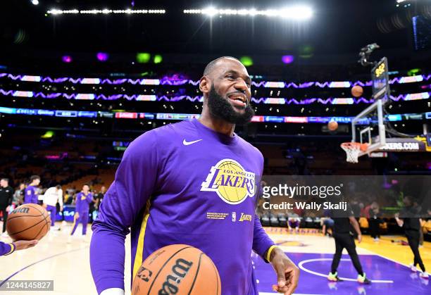 Los Angeles, California October 20, 2022-Lakers LeBron James smiles before a game with the Clippers at Crypto Arena in Los Angeles Thursday.