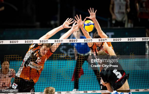 Saso Stalekar and Timothee Carle of the BR Volleys during the Volleyball Bundesliga match between BR Volleys and WWK Volleys Herrsching on October...