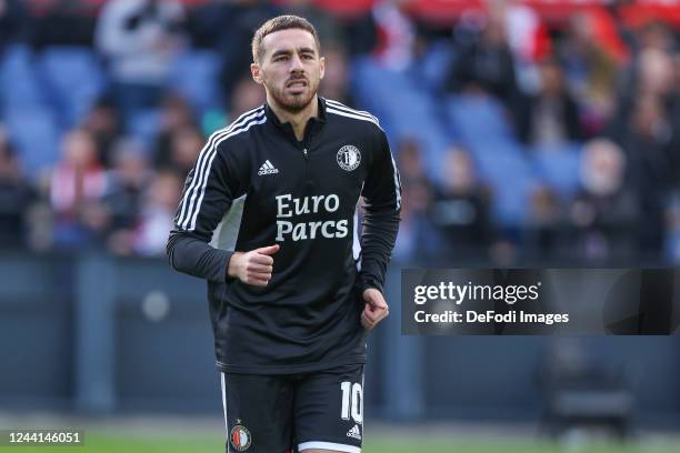 Orkun Kokcu of Feyenoord Rotterdam warms up during the Dutch Eredivisie match between Feyenoord and Fortuna Sittard at Feyenoord Stadium on October...