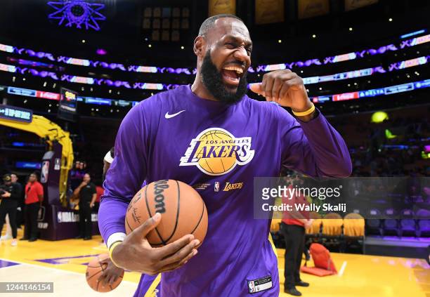 Los Angeles, California October 20, 2022-Lakers LeBron James laughs before a game with the Clippers at Crypto Arena in Los Angeles Thursday.