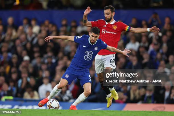 Jorginho of Chelsea and Bruno Fernandes of Manchester United during the Premier League match between Chelsea FC and Manchester United at Stamford...