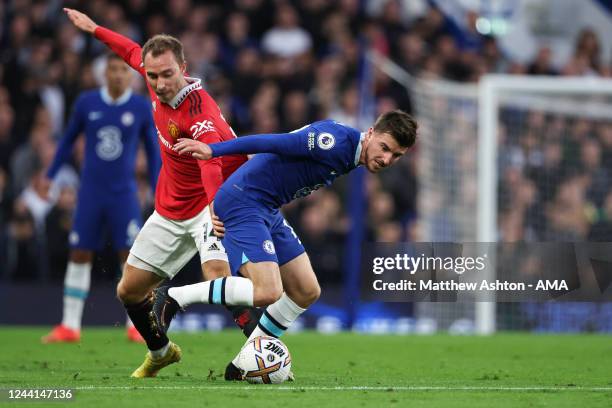 Christian Eriksen of Manchester United and Mason Mount of Chelsea during the Premier League match between Chelsea FC and Manchester United at...