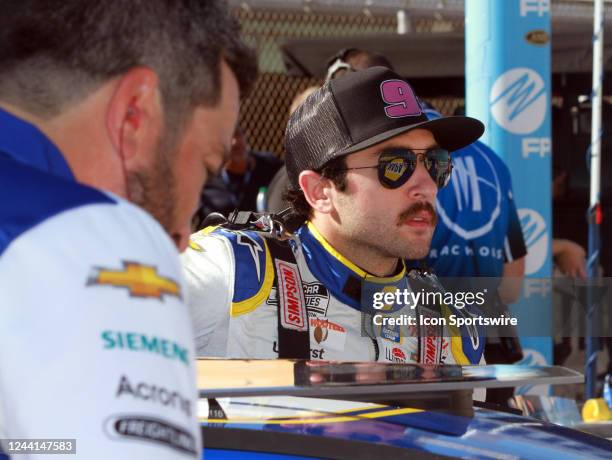 Chase Elliott waits on pit road for practice to begin for the NASCAR Cup Series Playoff Dixie Vodka 400 on October 22 at Homestead-Miami Speedway in...
