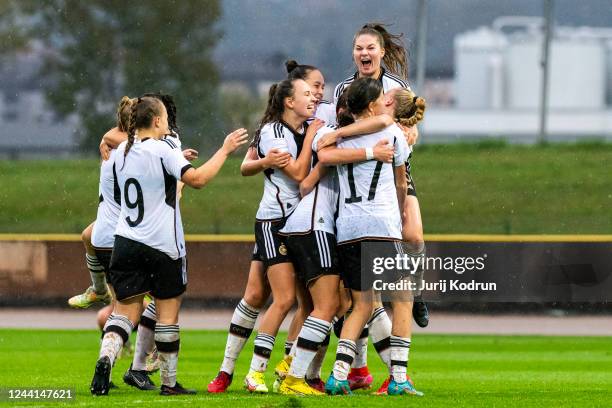 Melina Fabienne Walheim of Germany celebrates with team mates after scoring their side second and winning goal during the UEFA Under-17 Girls...