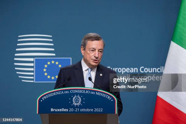 Mario Draghi Prime Minister of Italy talks for last time to the media at a press conference in Europa Building after the end of the second day of the...