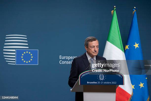 Mario Draghi Prime Minister of Italy talks for last time to the media at a press conference in Europa Building after the end of the second day of the...