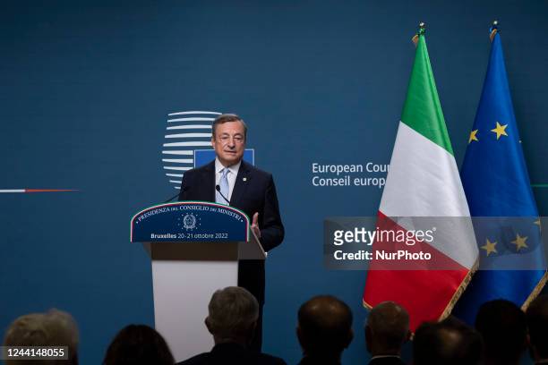 Mario Draghi Prime Minister of Italy talks for last time to the media at a press conference in Europa Building after the end of the second day of the...