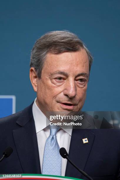 Mario Draghi Prime Minister of Italy talks for last time to the media at a press conference in Europa Building after the end of the second day of the...