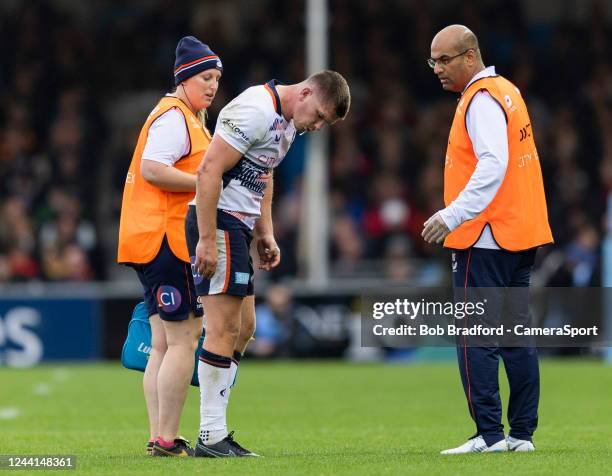 Saracens' Owen Farrell leaves the field during the Gallagher Premiership Rugby match between Exeter Chiefs and Saracens at Sandy Park on October 22,...