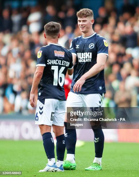 Millwall's Charlie Cresswell celebrates with George Evans after the Sky Bet Championship match at The Den, London. Picture date: Saturday October 22,...