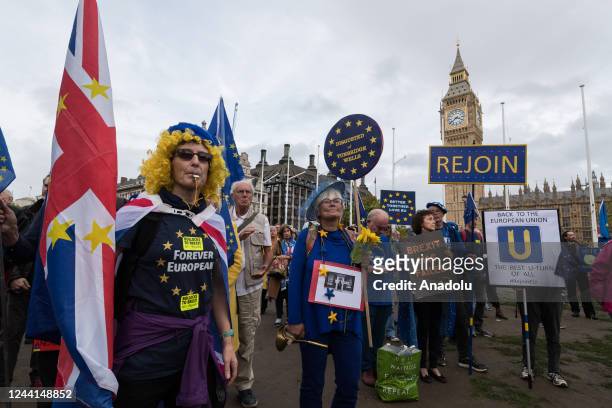 Pro-EU demonstrators take part in a rally in Parliament Square calling for the UK to rejoin the European Union in London, United Kingdom on October...