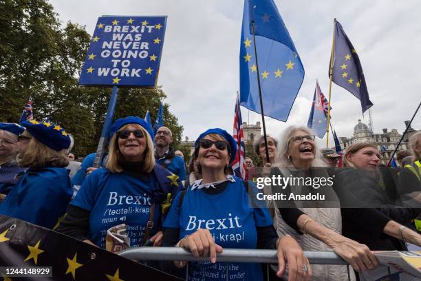 Pro-EU demonstrators take part in a rally in Parliament Square calling for the UK to rejoin the European Union in London, United Kingdom on October...