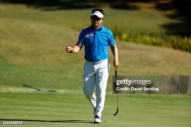 Yang of South Korea celebrates his putt on the first green during the second round of the Dominion Energy Charity Classic at The Country Club of...