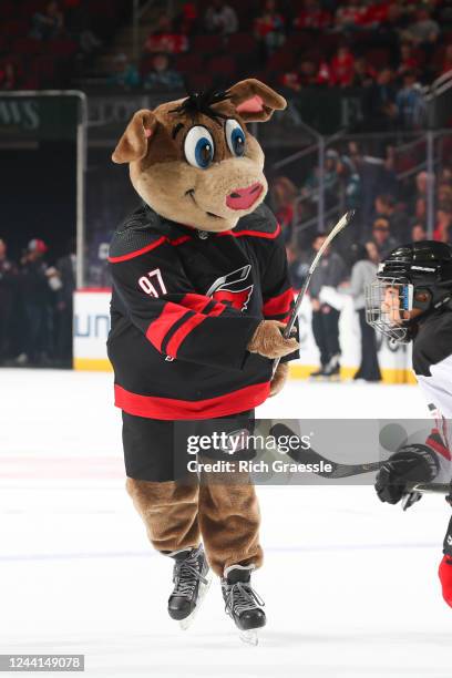 Stormy, the Carolina Hurricanes mascot during the first intermission mites on ice on October 22, 2022 at the Prudential Center in Newark, New Jersey.
