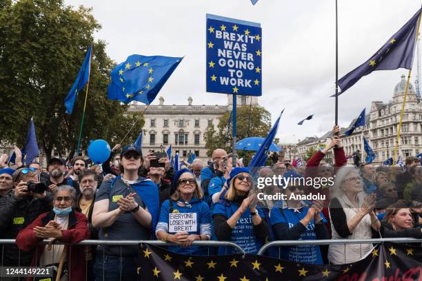 Pro-EU demonstrators take part in a rally in Parliament Square calling for the UK to rejoin the European Union in London, United Kingdom on October...