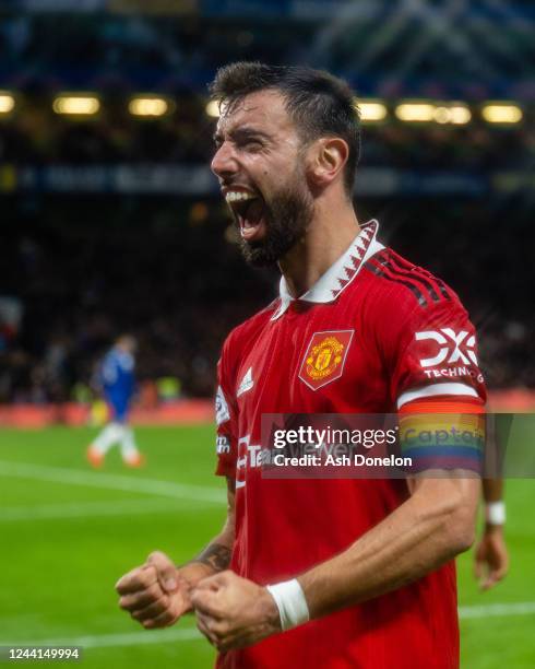 Bruno Fernandes of Manchester United celebrates during the Premier League match between Chelsea FC and Manchester United at Stamford Bridge on...