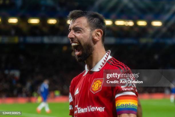 Bruno Fernandes of Manchester United celebrates during the Premier League match between Chelsea FC and Manchester United at Stamford Bridge on...