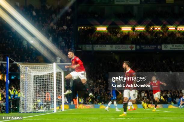 Casemiro of Manchester United celebrates scoring a goal to make the score 1-1 during the Premier League match between Chelsea FC and Manchester...