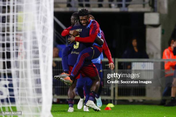 Brian Brobbey of Ajax celebrates 1-3 with Mohammed Kudus of Ajax during the Dutch Eredivisie match between RKC Waalwijk v Ajax at the Mandemakers...