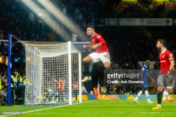 Casemiro of Manchester United celebrates scoring a goal to make the score 1-1 during the Premier League match between Chelsea FC and Manchester...