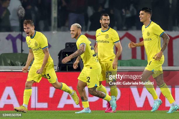 Nicolo' Barella of FC Internazionale celebrates after scoring a goal during the Serie A match between ACF Fiorentina and FC Internazionale at Stadio...