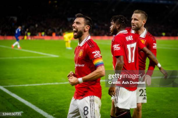 Bruno Fernandes of Manchester United celebrates during the Premier League match between Chelsea FC and Manchester United at Stamford Bridge on...