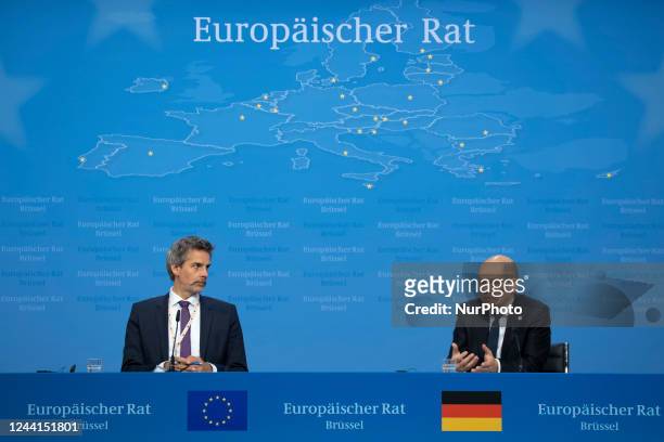 Olaf Scholz the Federal Chancellor of Germany talks to the media at a press conference in Europa Building after the end of the second day of the...